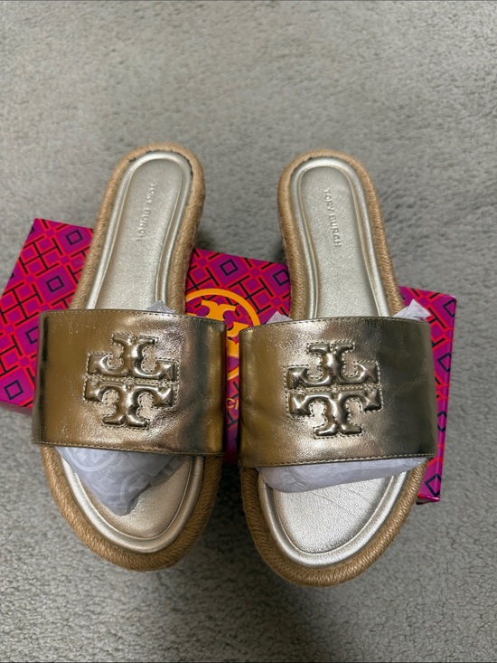 Tory Burch Shoes - Tory Burch Metallic Logo Slide Sandals